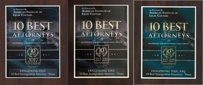 热烈祝贺田方中律师连续三年荣获德克萨斯州10佳移民律师荣誉